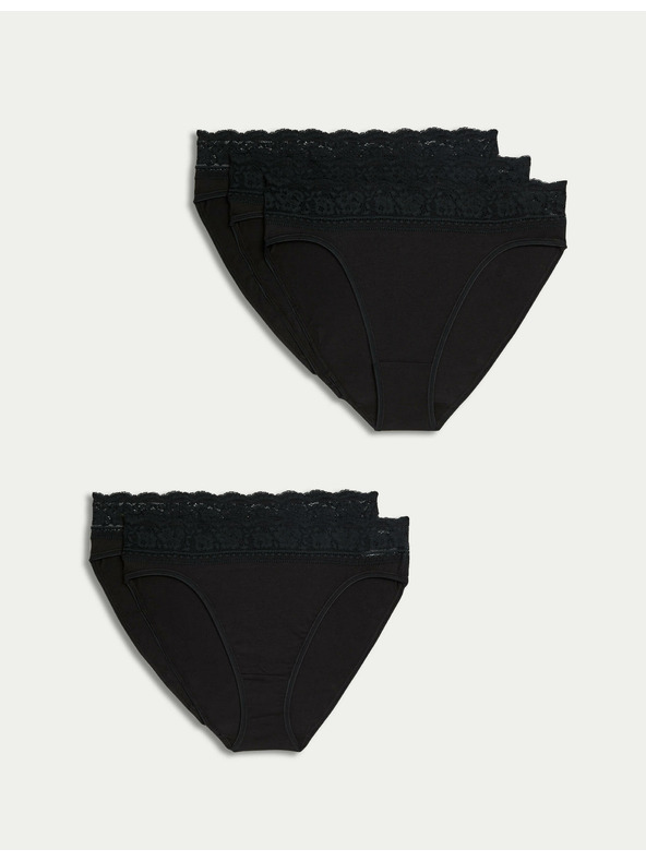 Marks & Spencer Памучни дантелени бикини с ликра, 5 пакета Marks & Spencer черни