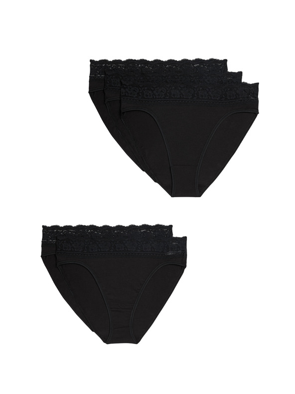 Marks & Spencer Памучни дантелени бикини с ликра, 5 пакета Marks & Spencer черни