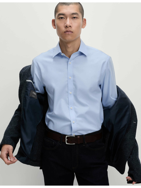 Marks & Spencer Риза от памук с класически силует с незабавна грижа Marks & Spencer синя