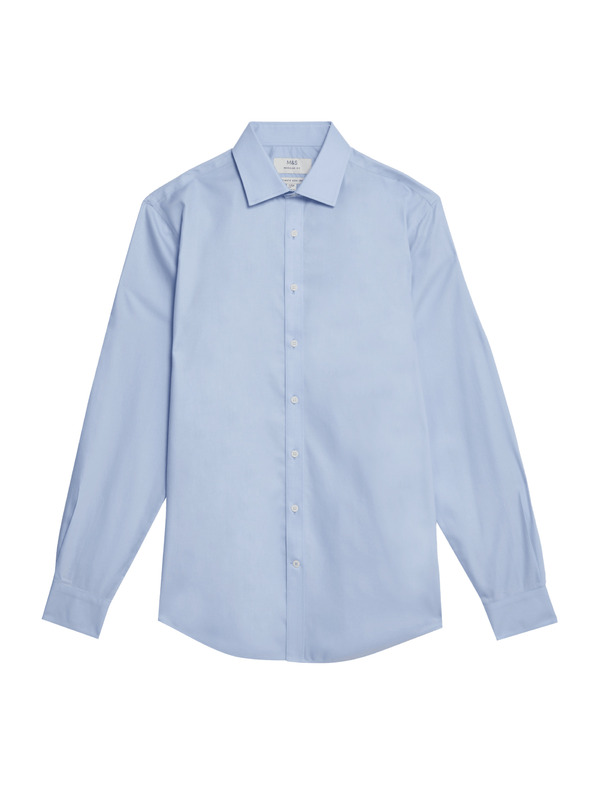 Marks & Spencer Риза от памук с класически силует с незабавна грижа Marks & Spencer синя