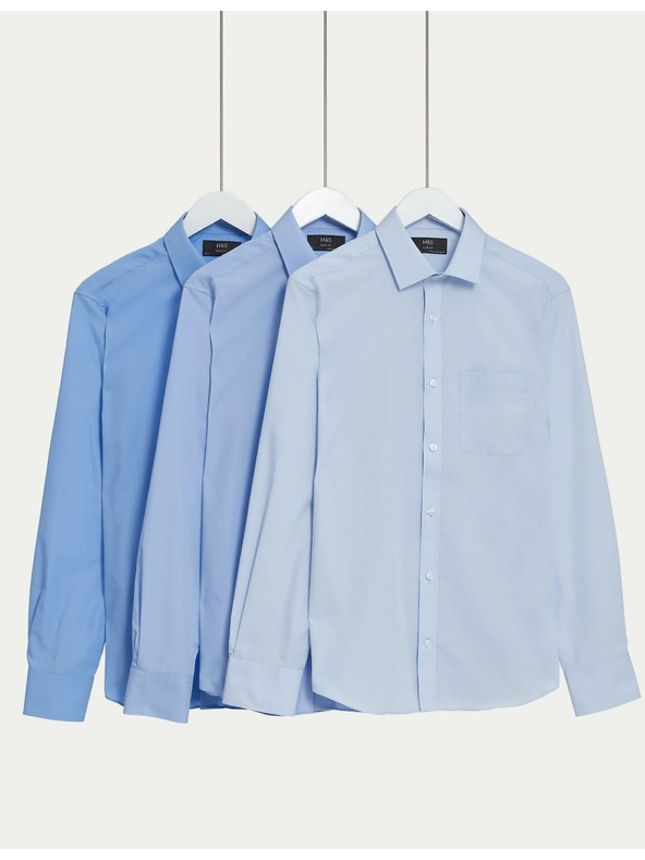 Marks & Spencer Риза с тесен силует от памучна смес, 3 бр. Marks & Spencer синя