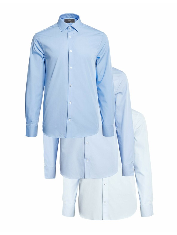 Marks & Spencer Риза с тесен силует от памучна смес, 3 бр. Marks & Spencer синя