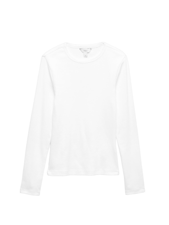 Marks & Spencer Ребрест топ с висок дял памук Marks & Spencer бял