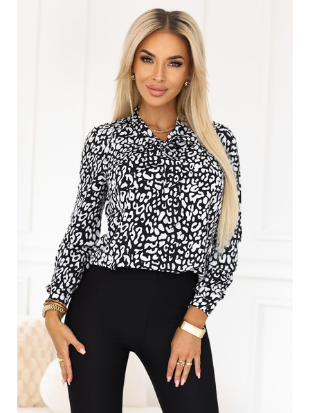 numoco Бизнес блуза с дълъг ръкав и връзване отпред - черно-бял десен