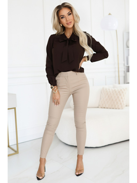 numoco Бизнес блуза с дълъг ръкав и връзване отпред - шоколадова