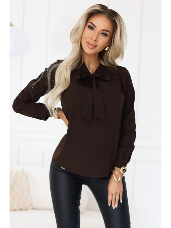 numoco Бизнес блуза с дълъг ръкав и връзване отпред - шоколадова
