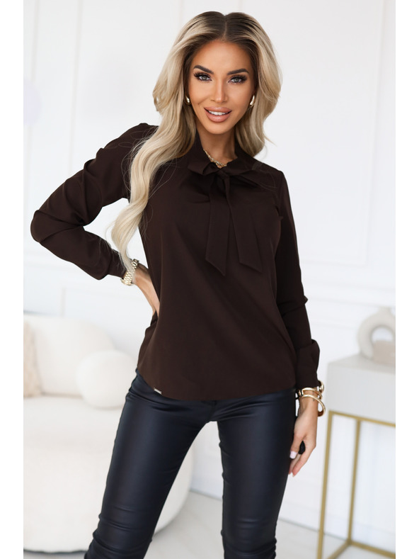 numoco Бизнес блуза с дълъг ръкав и връзване отпред - шоколадова