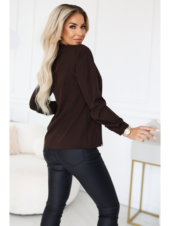 numoco Бизнес блуза с дълъг ръкав и връзване отпред - шоколадова