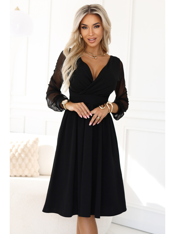 numoco Елегантни миди рокля с прехвърлящо се деколте и тюлени ръкави - черна