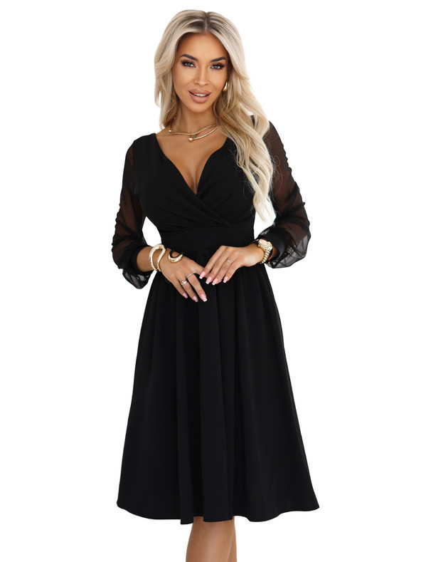 numoco Елегантни миди рокля с прехвърлящо се деколте и тюлени ръкави - черна