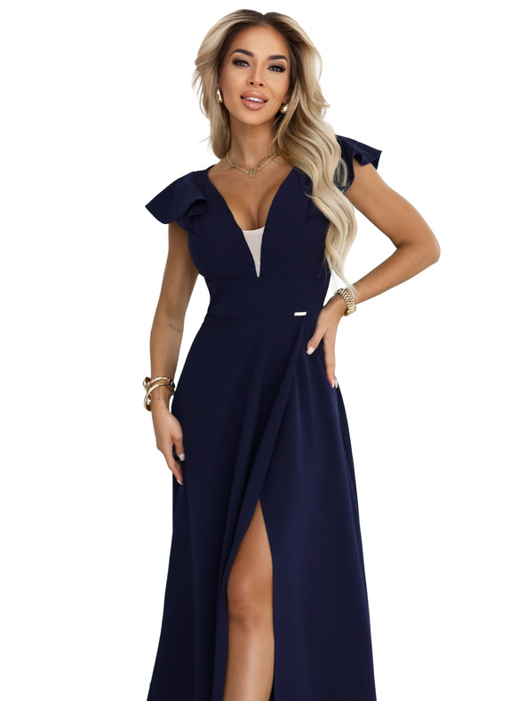 numoco Елегантна макси рокля с волани, дълбоко деколте и цепка - тъмносиня