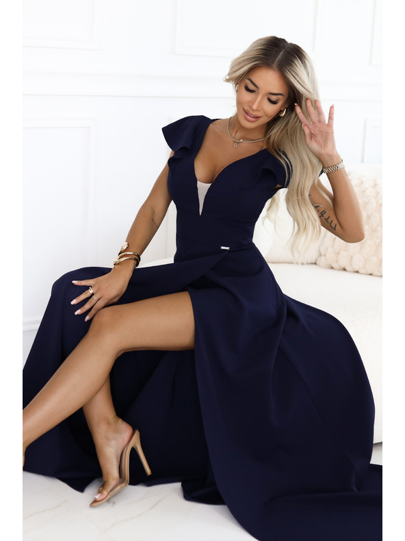 numoco Елегантна макси рокля с волани, дълбоко деколте и цепка - тъмносиня