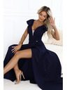 numoco Елегантна макси рокля с волани, дълбоко деколте и цепка - тъмносиня