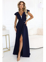 numoco Елегантна макси рокля с волани, дълбоко деколте и цепка - тъмносиня