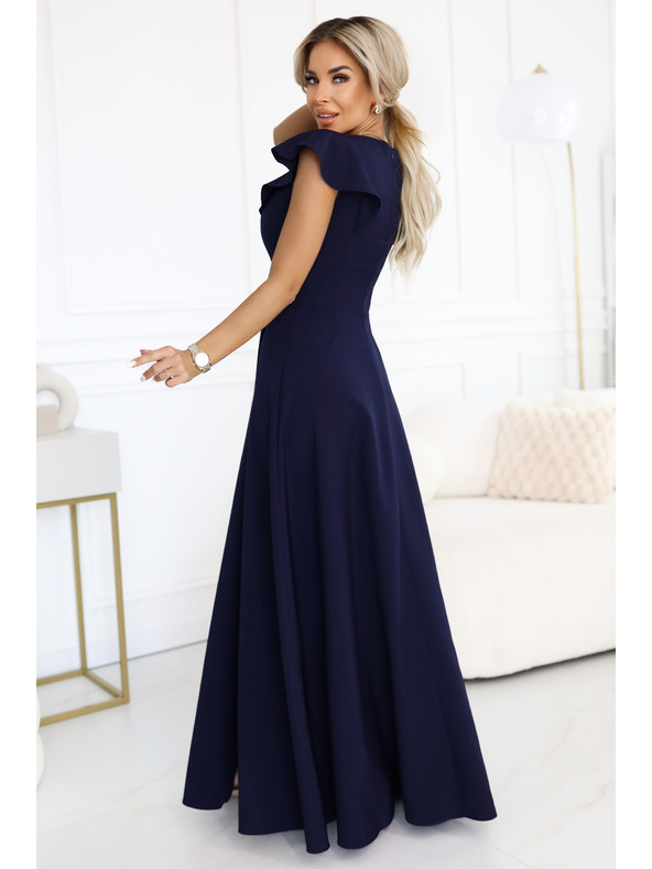 numoco Елегантна макси рокля с волани, дълбоко деколте и цепка - тъмносиня