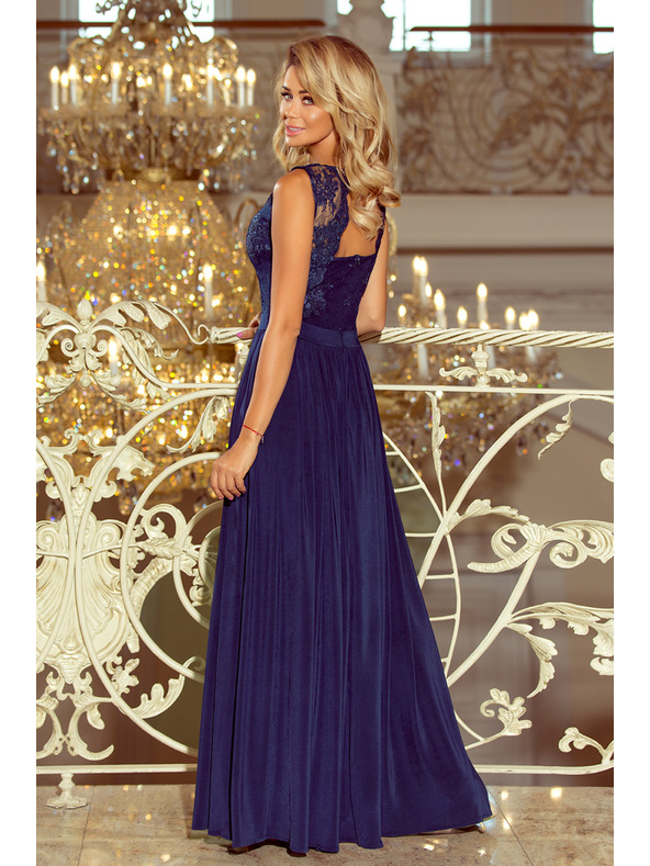 numoco LEA дълга рокля с бродирана деколте - тъмносиня