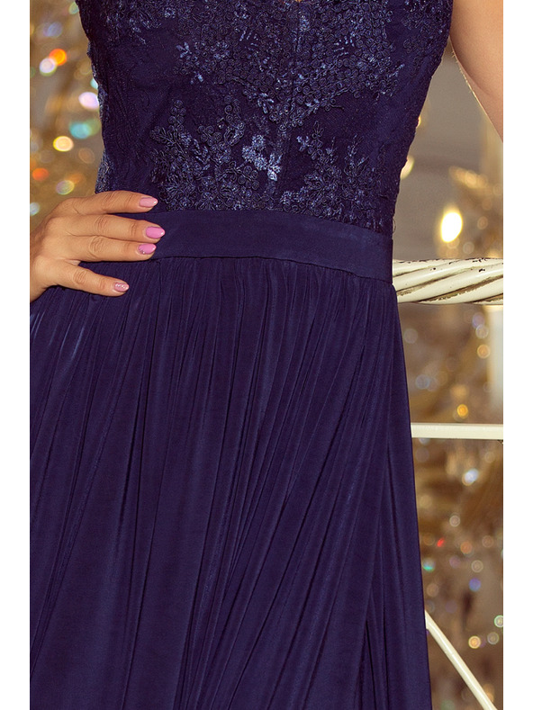 numoco LEA дълга рокля с бродирана деколте - тъмносиня