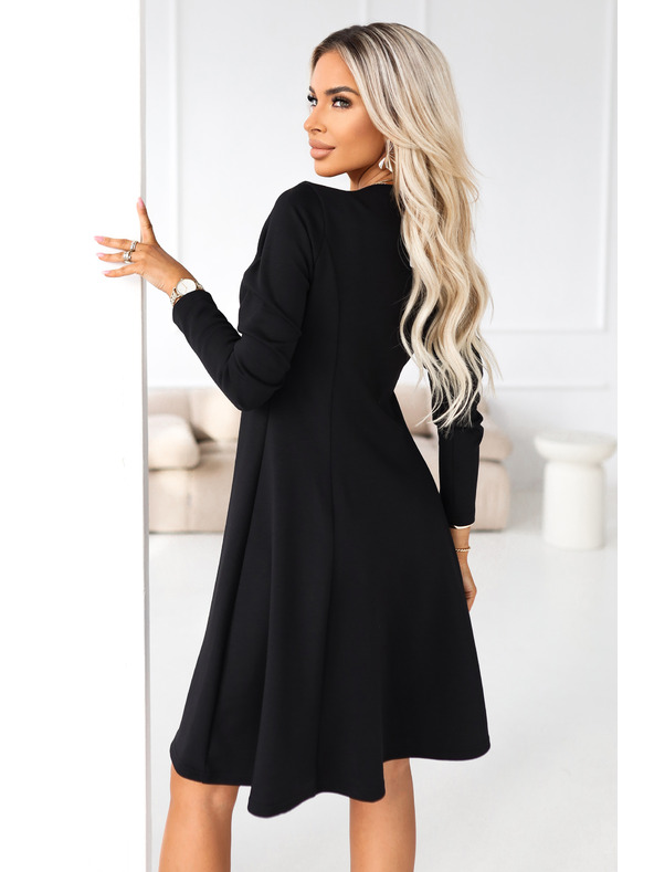 numoco IVANA удобни трапецовидни рокля с деколте и дълъг ръкав - черна