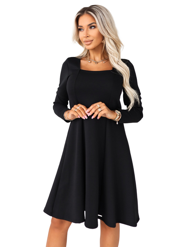 numoco IVANA удобни трапецовидни рокля с деколте и дълъг ръкав - черна