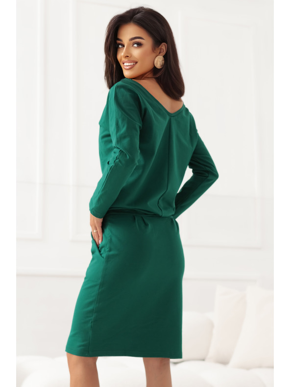 numoco Суитшърт рокля с дълъг ръкав и джобове - удобен силует с деколте отзад - зелена