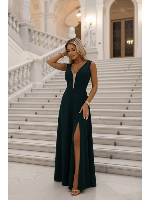 numoco Модни, подчертаващи фигурата макси рокля с цепка - тъмнозелена