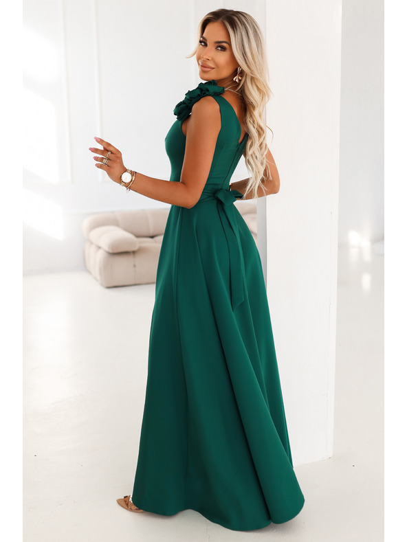 numoco Елегантни макси вечерни рокли с цепка и рози - тъмно зелено