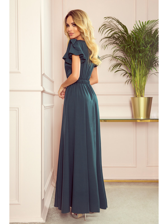 numoco LIDIA дълга рокля с деколте и воланки - зелено