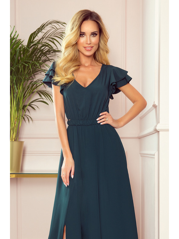 numoco LIDIA дълга рокля с деколте и воланки - зелено