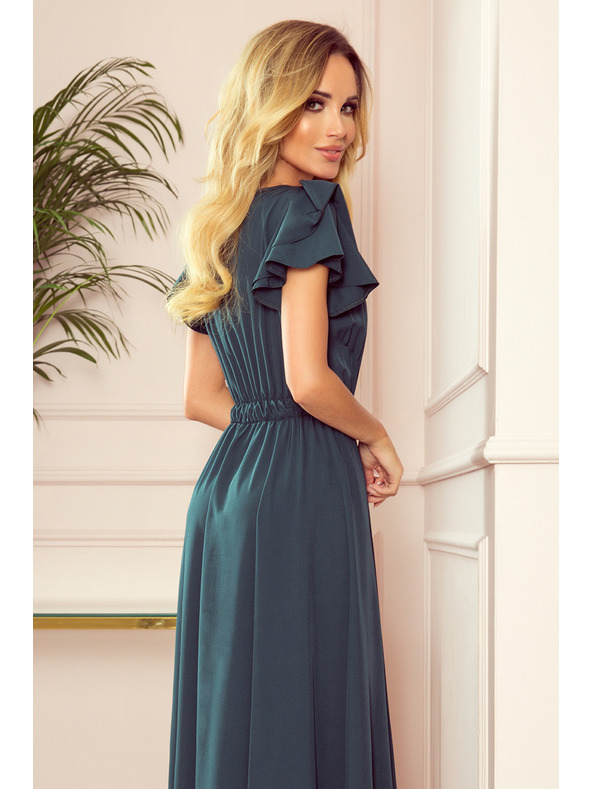 numoco LIDIA дълга рокля с деколте и воланки - зелено