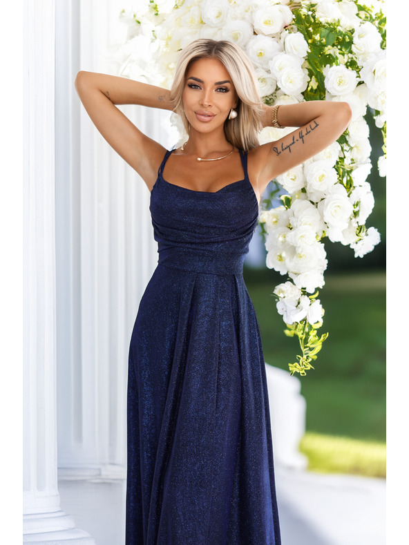 numoco Дълга рокля с нежни блестящи елементи и корсетно връзване отзад - тъмно синьо с блясък
