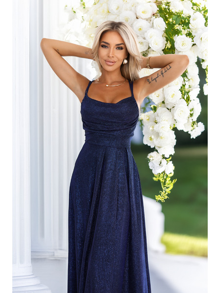 numoco Дълга рокля с нежни блестящи елементи и корсетно връзване отзад - тъмно синьо с блясък
