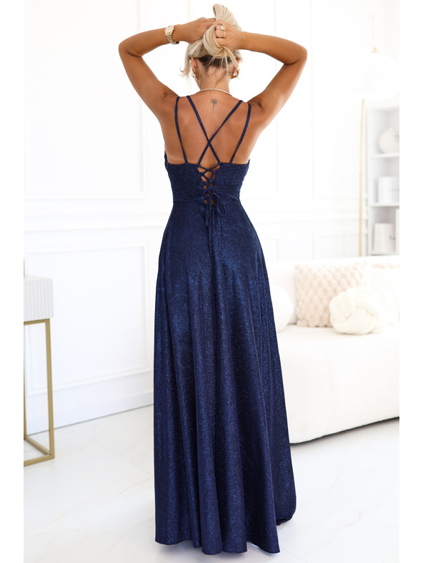 numoco Дълга рокля с нежни блестящи елементи и корсетно връзване отзад - тъмно синьо с блясък