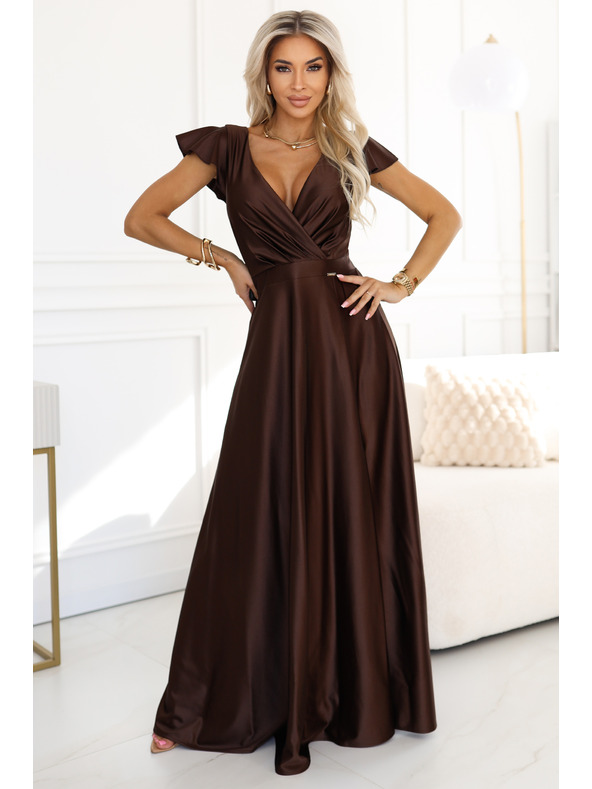 numoco CRYSTAL сатенена дълга рокля с деколте - шоколадово