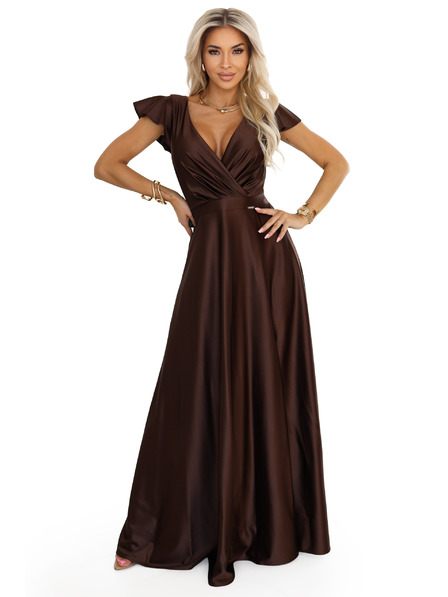 numoco CRYSTAL сатенена дълга рокля с деколте - шоколадово