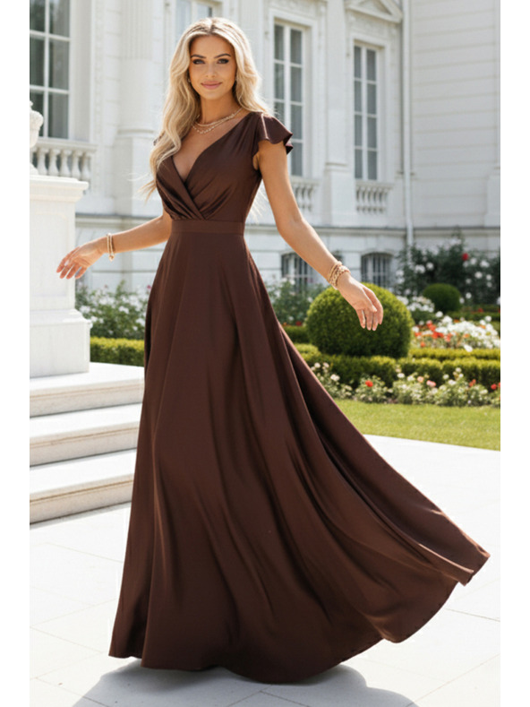 numoco CRYSTAL сатенена дълга рокля с деколте - шоколадово