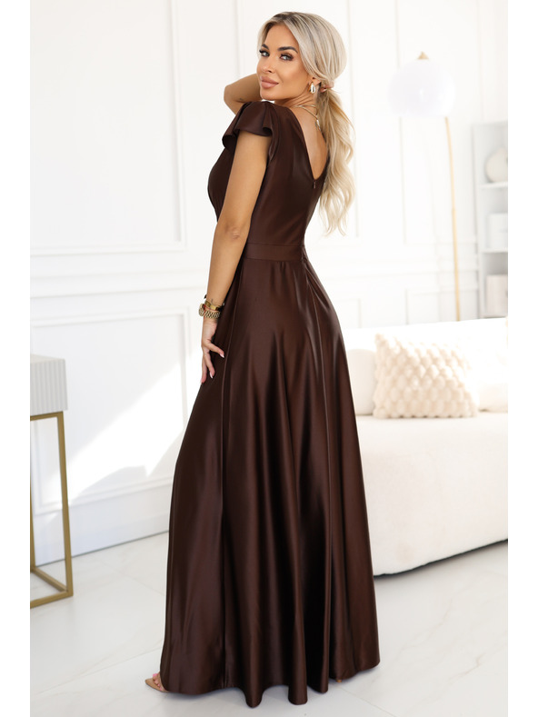 numoco CRYSTAL сатенена дълга рокля с деколте - шоколадово