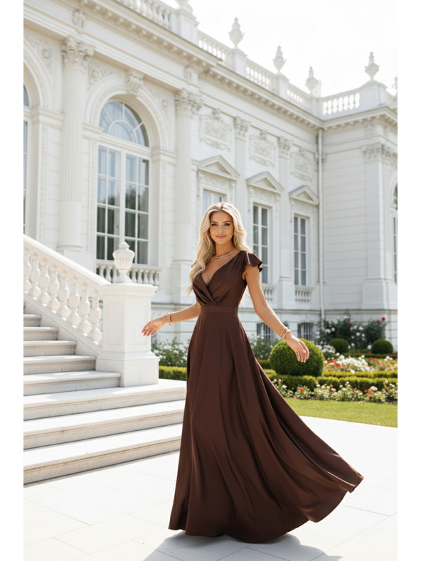 numoco CRYSTAL сатенена дълга рокля с деколте - шоколадово