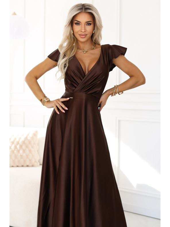 numoco CRYSTAL сатенена дълга рокля с деколте - шоколадово