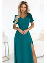 numoco Елегантни дълги официални рокли с цвете, колан и висока цепка - тъмно зелено