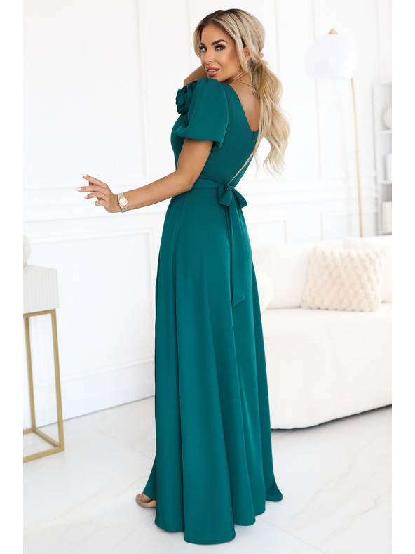 numoco Елегантни дълги официални рокли с цвете, колан и висока цепка - тъмно зелено