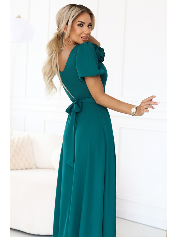 numoco Елегантни дълги официални рокли с цвете, колан и висока цепка - тъмно зелено