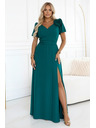 numoco Елегантни дълги официални рокли с цвете, колан и висока цепка - тъмно зелено