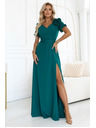 numoco Елегантни дълги официални рокли с цвете, колан и висока цепка - тъмно зелено