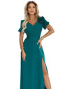numoco Елегантни дълги официални рокли с цвете, колан и висока цепка - тъмно зелено