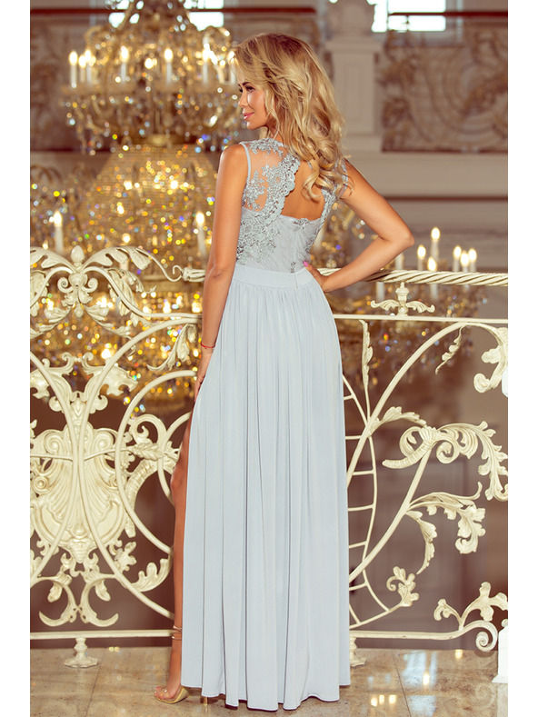 numoco LEA дълга рокля с бродирано деколте - сребристо