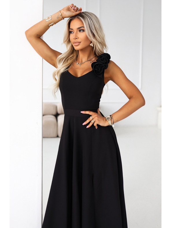 numoco Елегантни макси вечерни рокли с цепка и рози - класическо черно