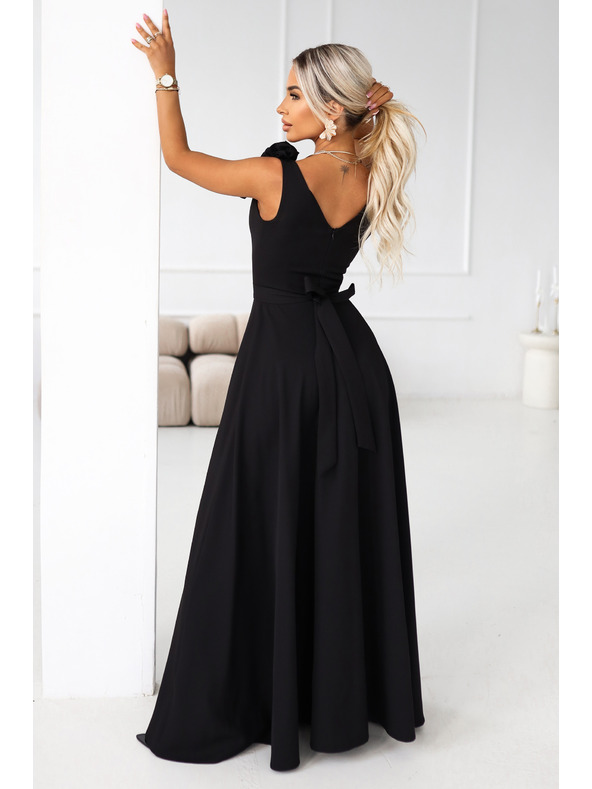 numoco Елегантни макси вечерни рокли с цепка и рози - класическо черно