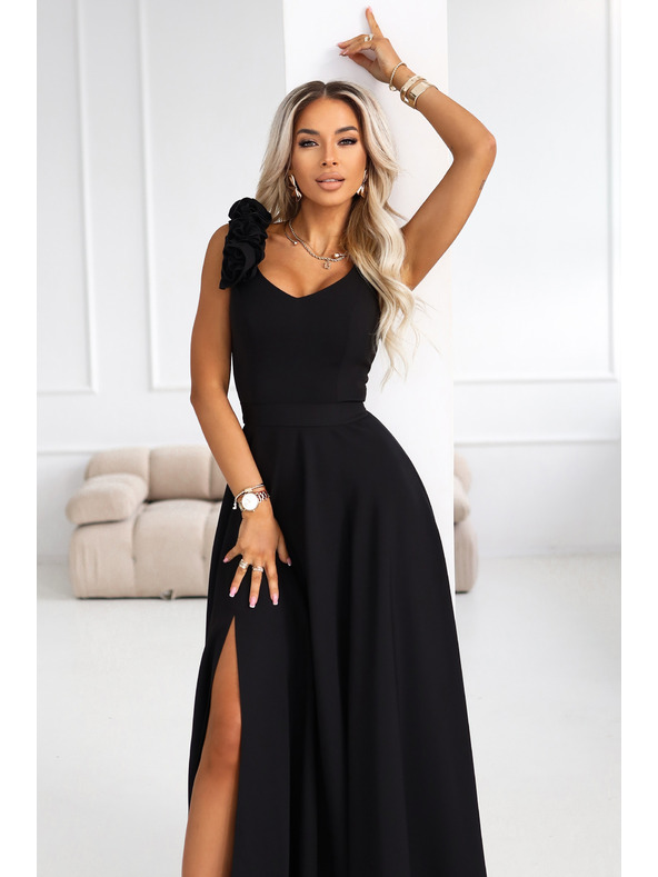 numoco Елегантни макси вечерни рокли с цепка и рози - класическо черно