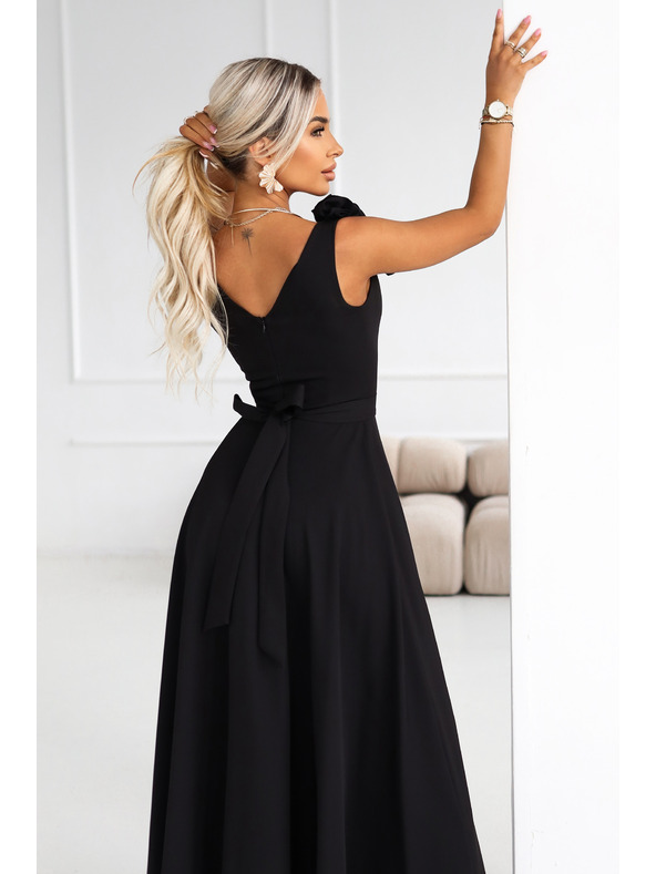 numoco Елегантни макси вечерни рокли с цепка и рози - класическо черно