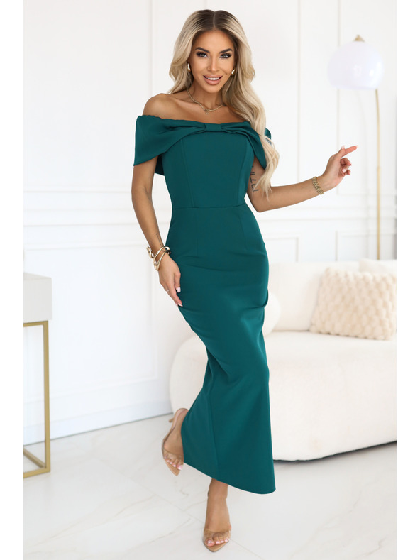 numoco Секси миди рокля с панделка на деколтето - тъмно зелено